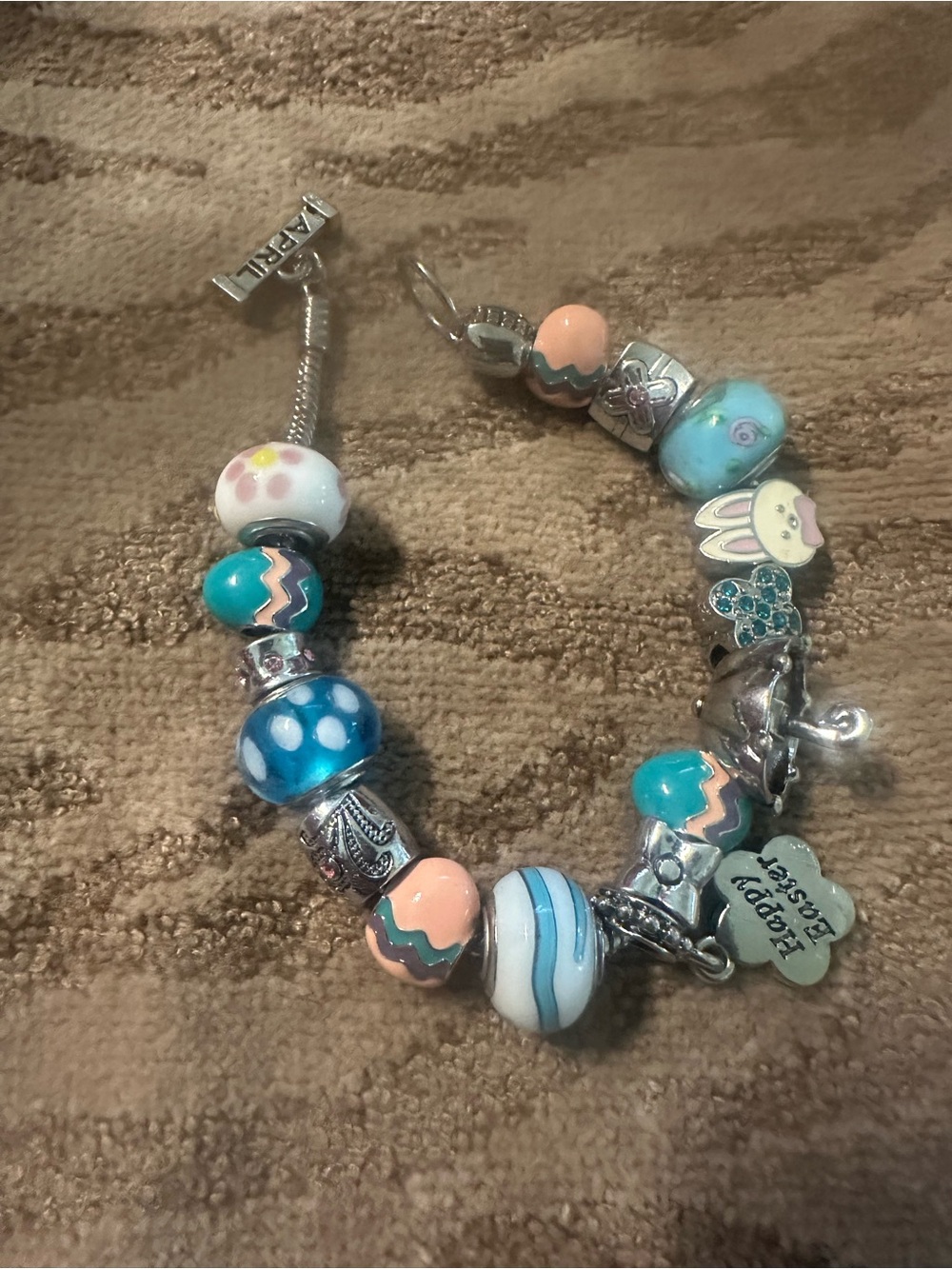 Easter Charm Bracelet - Blue & Peach Beads Easter